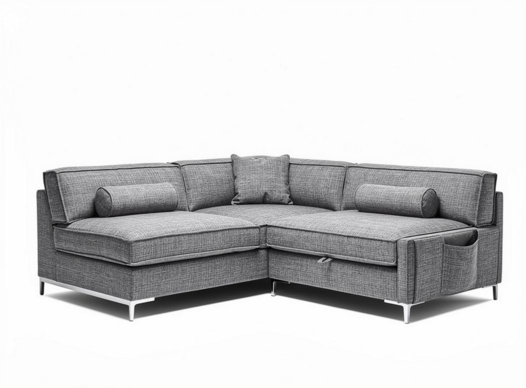 Narożnik z szarym materiałem 220 x 150 x 85cm z funkcją spania i schowkiem