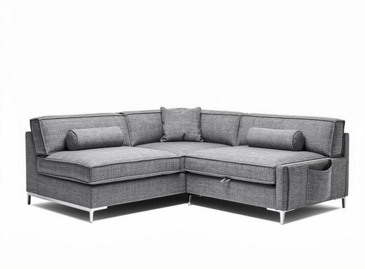 Narożnik z szarym materiałem 220 x 150 x 85cm z funkcją spania i schowkiem